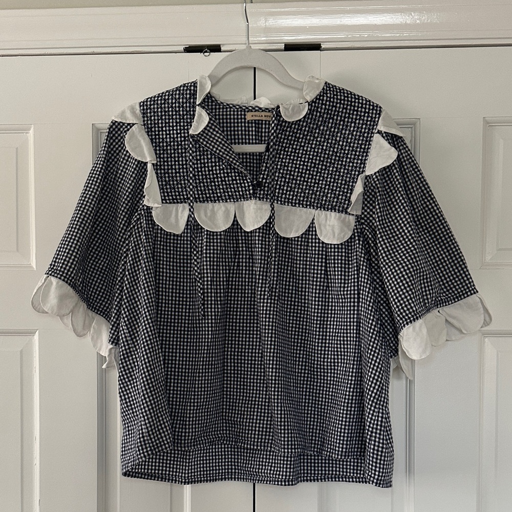 Navy Gingham Scallop-Trim Blouse with White Accents